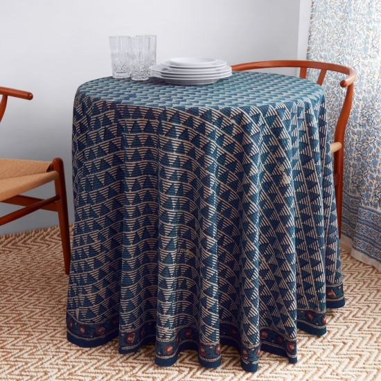 Round, Block Print Tablecloths Indigo - Kalamkari - Marigold LIving